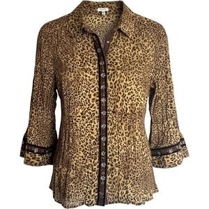 Agora Cheetah Velvet Metal Beaded Trim Crinkle Snap Up Top Womens L M Vintage